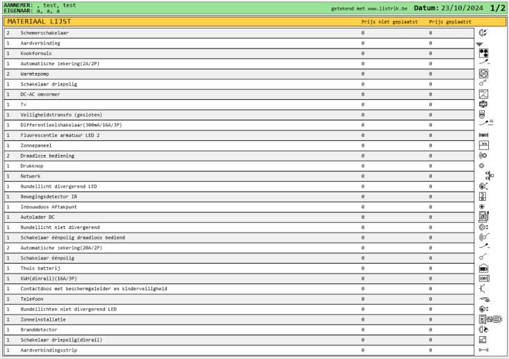 dossier electrische installatie materiaallijst